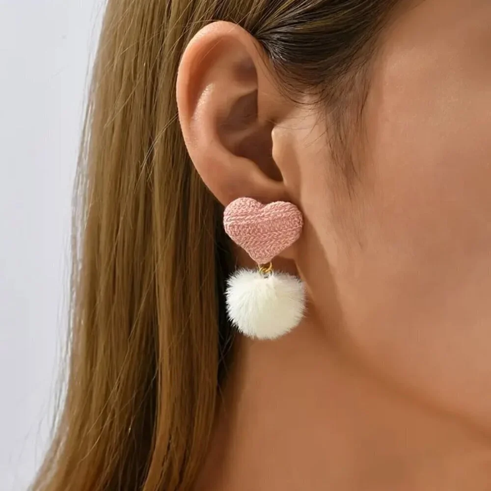 NEW pink heart drop dangle pom pom earrings, trendy dangle earrings, hear studs